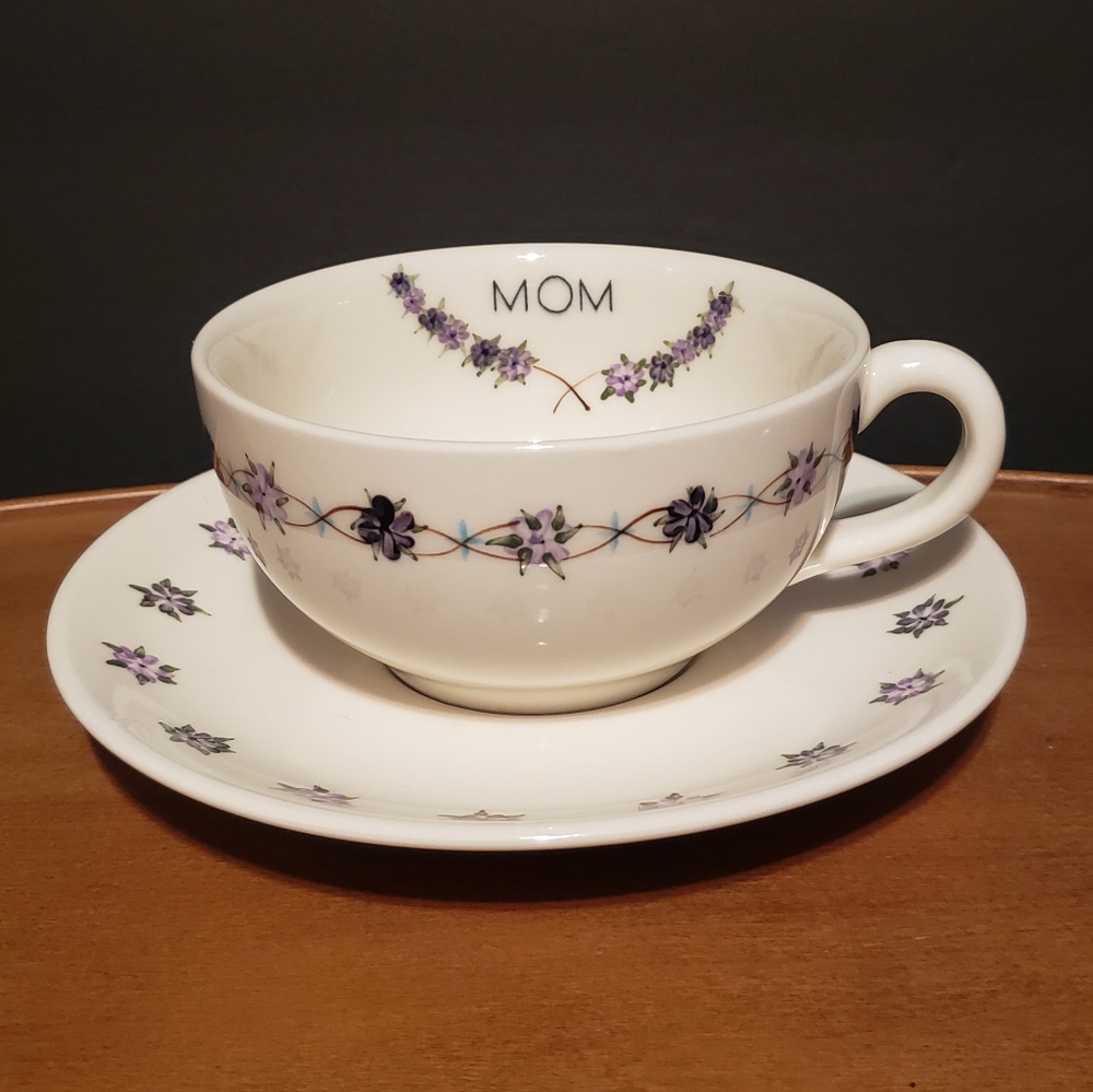 Vintage Enesco Mom Cup and Saucer Purple Flowers